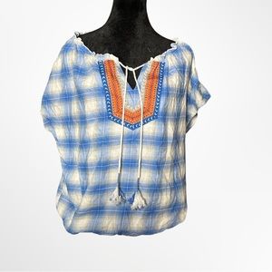 Vintage Retro BOHO V-Neck Tie Checkered Flannel Elastic Waist Blouse Size M